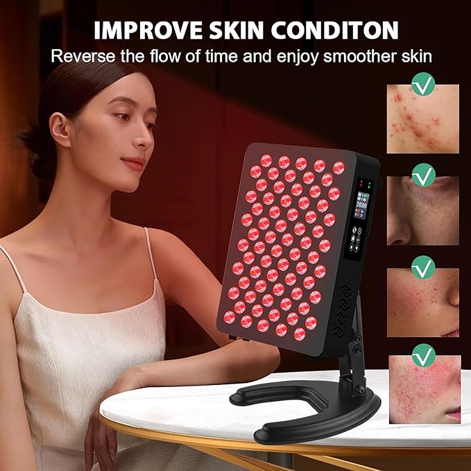 Red Light Therapy Panel for Face and Body, 630/660/810/850nm 4 Wavelengths Red Near Infrared Light Device with 70 Dual Chip LEDs, Timer and Stand, for Improve Sleep, Skin Wellness (Black, 350W)