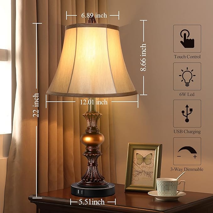 Touch Control Traditional Table Lamp Set of 2, Vintage Bedside Lamps with Dual USB Charging Ports, 3-Way Dimmable Bronze Finish Desk Lamps with Bell Shape Faux Silk Shade for Living Room, Bedroom - Bloomnest