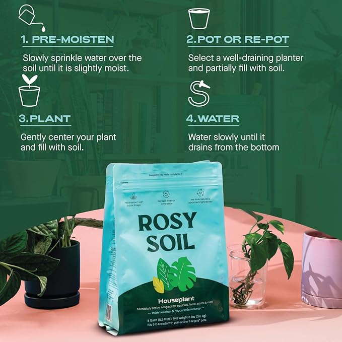 Rosy Soil Indoor Potting Soil for House Plants - Organic Potting Soil Mix for Indoor Plants - Enriched w/Root-Boosting Biochar for Foliage Plants, Flowers, Herbs - Peat Free, Less Prone to Gnats - 8qt - Bloomnest