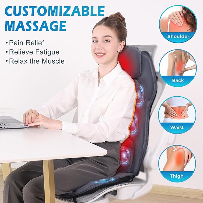 Back Massager with Heat, Full Body Massage Pad with Pillow Neck Support, Soft Plush Fabric Cover, Chair Massager with 3D Lumbar Truction and 8 Vibration Motors, Gifts for Dad Mom, Home Office Use - Bloomnest