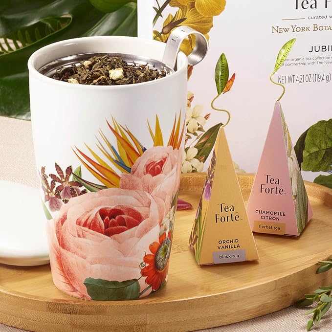 Tea Forte Double-Walled Ceramic Kati Cup, Removable Stainless Steel Infuser Basket and Lid, Steeps 12 oz Loose Leaf Tea, Dishwasher & Microwave Safe, Jubilee - Bloomnest