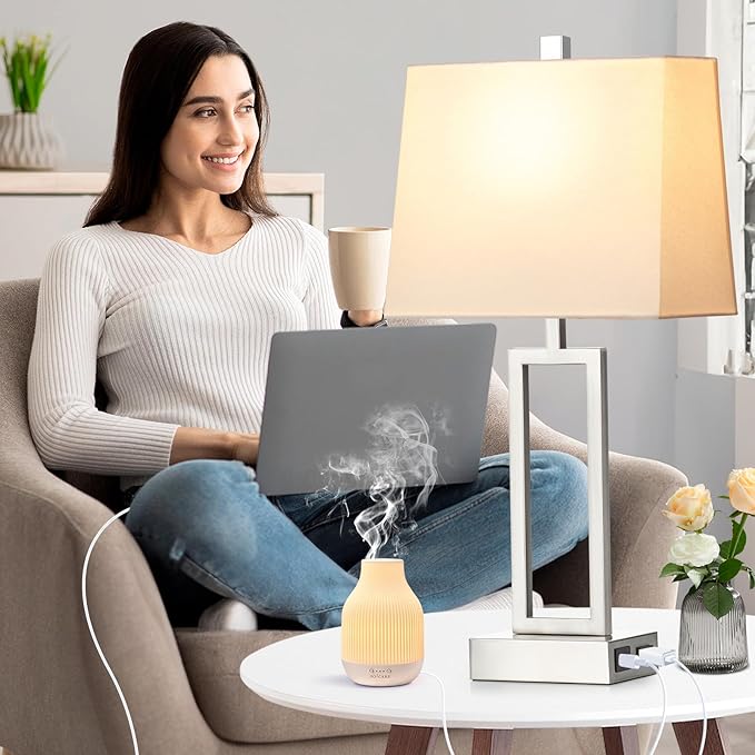 Touch Control Table Lamps for Living Room, 3-Way Dimmable Modern Table Lamp with USB A+C Charging Ports & AC Outlets, Bedside Contemporary Nightstand Desk Lamps with Fabric White Shade for Bedrooms - Bloomnest