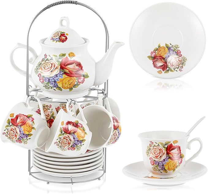 Zhehao 20 Pcs Porcelain Tea Set with Metal Holder and Spoon Adult Ceramic Tea Set European Flower Painting Teapot Cup Saucer Spoon for Women, Large Version(Floral Style) - Bloomnest