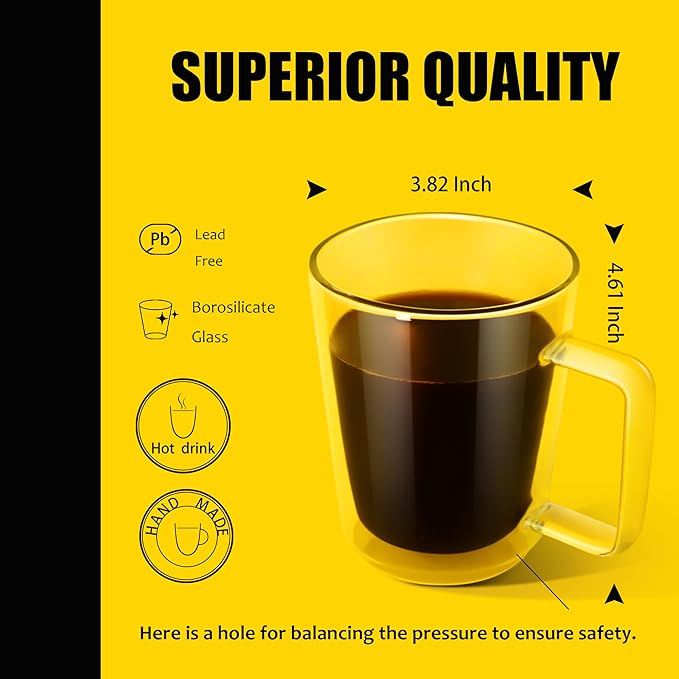 PunPun 16oz.480ml Clear Glass Mugs Large Coffee Mugs, Jumbo Insulated Double Wall Glasses, Premium Glasses Set with Big Handle, Iced Coffee Cup Set of 2 - Bloomnest