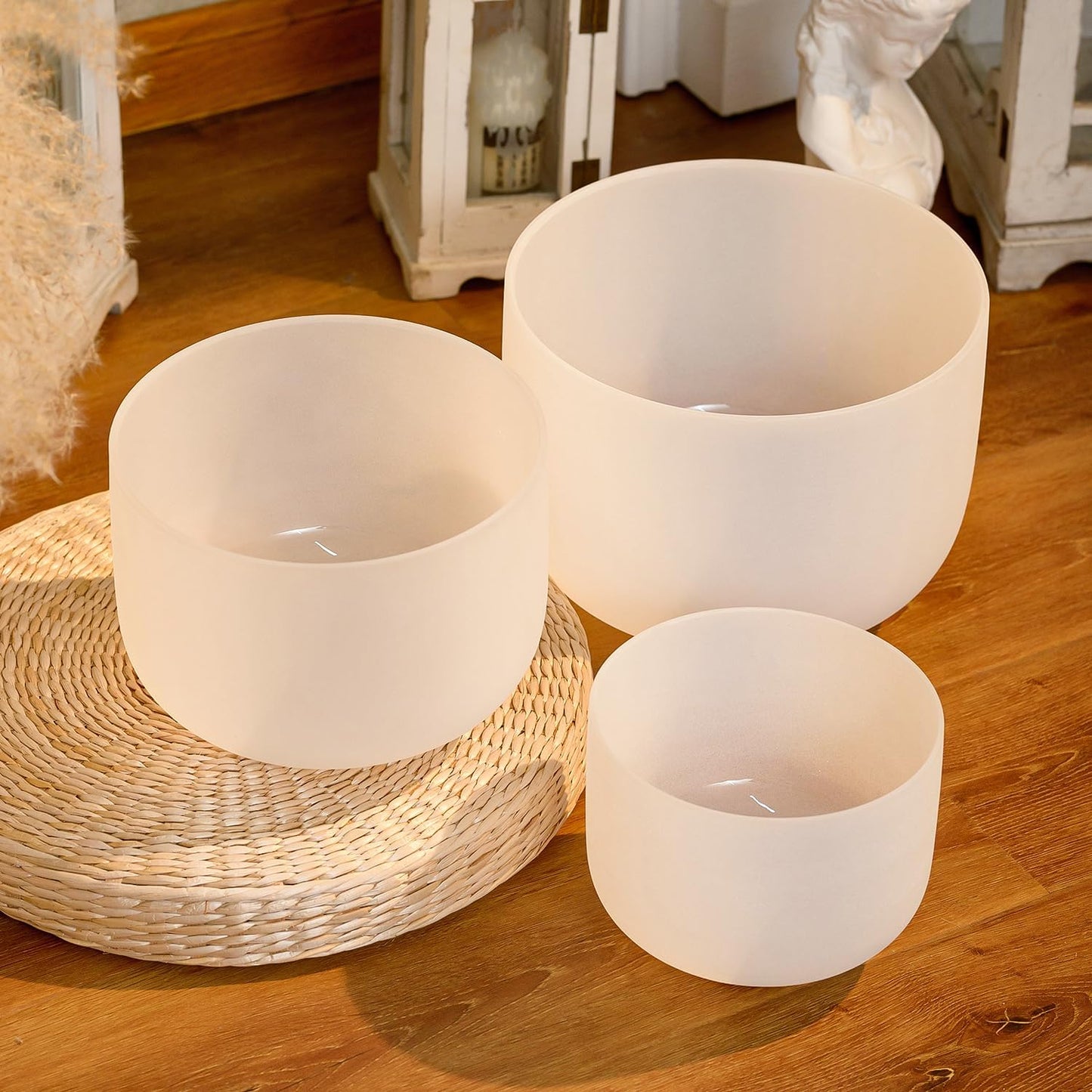 Hye-eun Crystal Singing Bowls Set of 3, 432hz 7"A 9"F 11"D 3pcs Frosted Quartz Chakra Sound Bowl with Carrying Case for Sound Healing Yoga Meditation