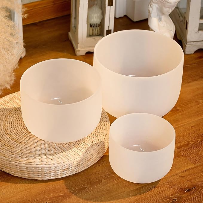 KVKA Set of 3pcs Chakra Frosted Quartz Crystal Singing Bowls Set 8-12 inch with Carrying Case - 12''C 10''F 8''B for Yoga Sound Healing