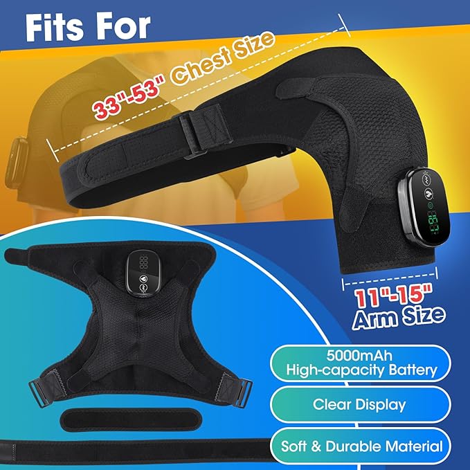 Cordless Shoulder Heating Pad, Shoulder Massager for Pain Relief Deep Tissue,Heated Shoulder Wrap & Brace with 3 Heat & Vibration Modes, Men & Women (Black) - Bloomnest
