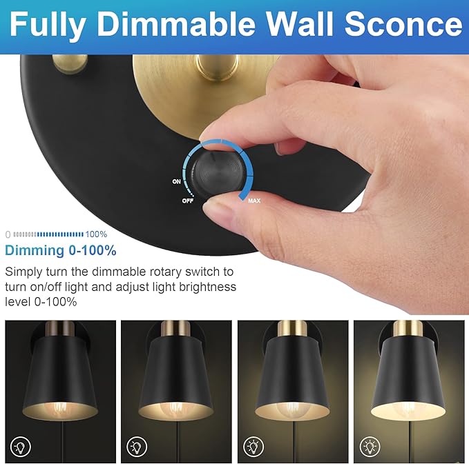 Wall Sconce Plug in, Dimmable Wall Sconces Adjustable Wall Lights with Plug in Cord and Dimmer On/Off Rotary Switch, Wall Mounted Light for Bedside Bedroom LivingRoom(2 Bulbs Included) - Bloomnest