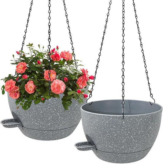 WOUSIWER Self Watering Hanging Planters, 2 Pack 10'' Plastic Pots with Drainage Holes & Reservoir Tray (Speckled Grey) | Indoor & Outdoor Use for Ferns, Ivy, Herbs, Succulents - Bloomnest