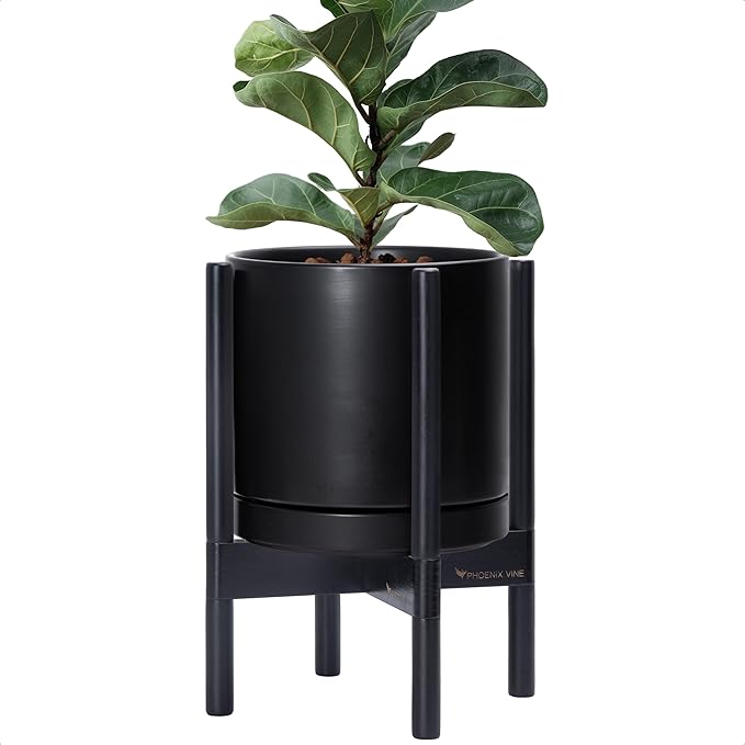 D'vine Dev Ceramic Planter with Ebony Stand - 10 Inch Modern Round Flower Pot with Wood Planter Holder, Black, 55-B-L-2 - Bloomnest