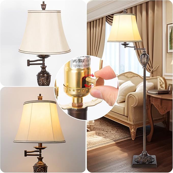 Traditional LED Floor Lamp with 350° Adjustable Swing Arm Lamp – Vintage Standing Pole lamp for Living Room, Bedroom and Office – Rustic Upright Floor Light for Home Décor with Faux Silk Fabric Shade - Bloomnest