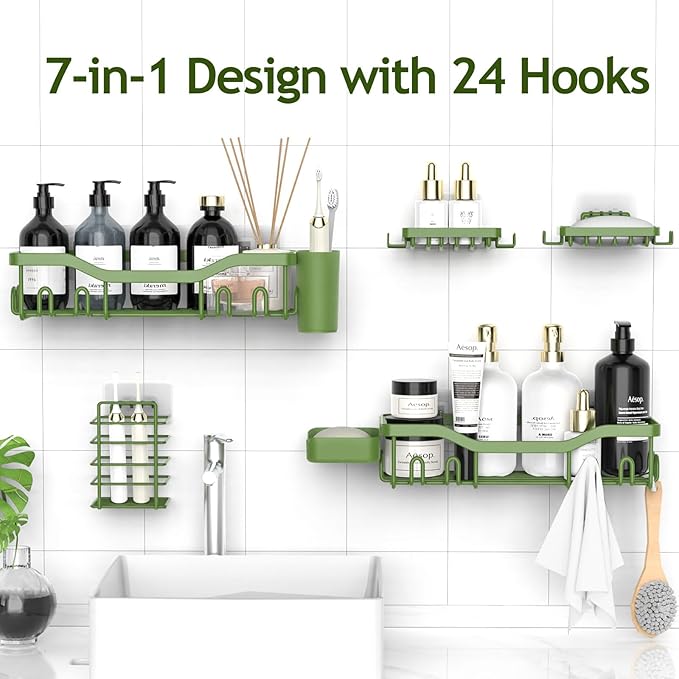 Shower Caddy Adhesive Shower Organizer 7-Pack, Rustproof Stainless Steel Bathroom Shelves, Large Capacity No-Drill Rack Storage Accessories with Soap Dish Toothbrush Holder Hooks - Bloomnest