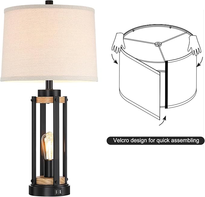 Farmhouse Table Lamps for Living Room Set of 2, 26” Rustic Beside Lamps with USB Charging Ports and Night Light, Bedroom Nightstand Lamp Vintage Reading Lamps for End Table,Bulbs Included - Bloomnest
