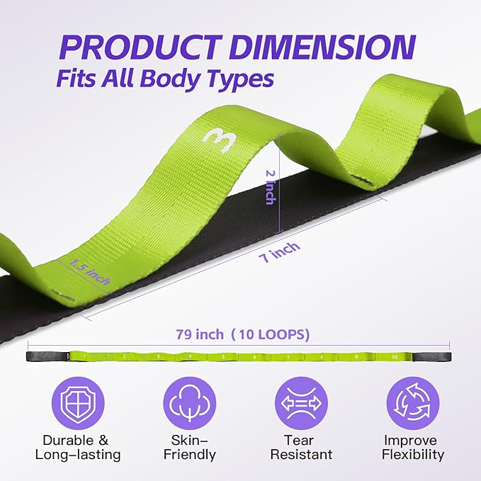 ROSAPOAR Stretching Strap with Loops - Non Elastic Yoga Straps for Physical Therapy, Durable Stretch Bands for Exercise, Flexibility Training, Hamstring & Leg Stretcher, Yoga/Pilates/Gymnastics - Bloomnest
