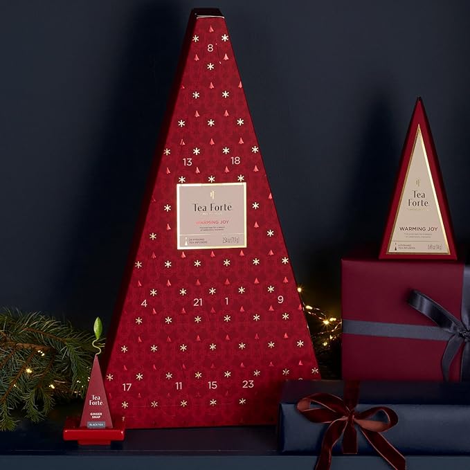 Tea Forte Tea Advent Calendar Gift Set; 24 Individually Wrapped Handcrafted Assorted Pyramid Infuser Tea Bags with Numbered Doors, Warming Joy - Bloomnest