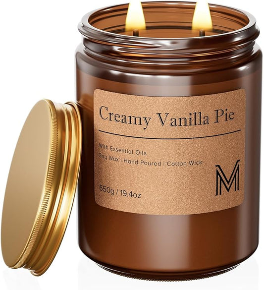 M&SENSE Creamy Vanilla Pie Home Scented Candle | 19.4oz, 116-Hour Burn | Natural Organic Soy Wax | Long-Lasting for Stress Relief and Gifting | for Bedroom，Relaxing SPA，Office - Bloomnest