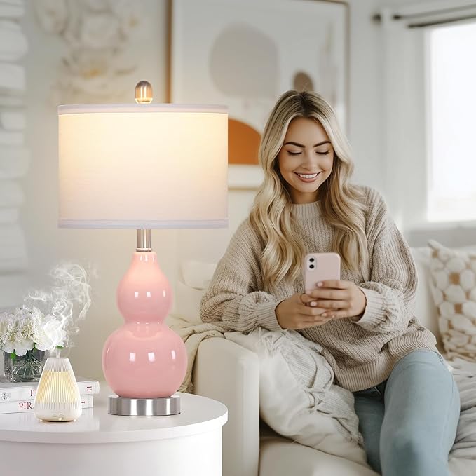 22" Double Gourd Ceramic Table Lamps Set of 2, Pink Modern Bedside Lamps for Living Room, Contemporary Nightstand Desk Lamps for Bedroom End Table Home Office Decor(2 LED Bulbs Included) - Bloomnest