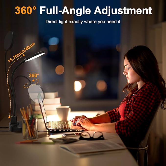 15W LED Desk Lamp with USB Charging Ports – Dimmable Table Lamp with 3 Color Temps, 5 Brightness, 4 Timers, Flexible Gooseneck Light with Base, Eye-Caring Reading Light for Home Office, Bedroom, Study - Bloomnest