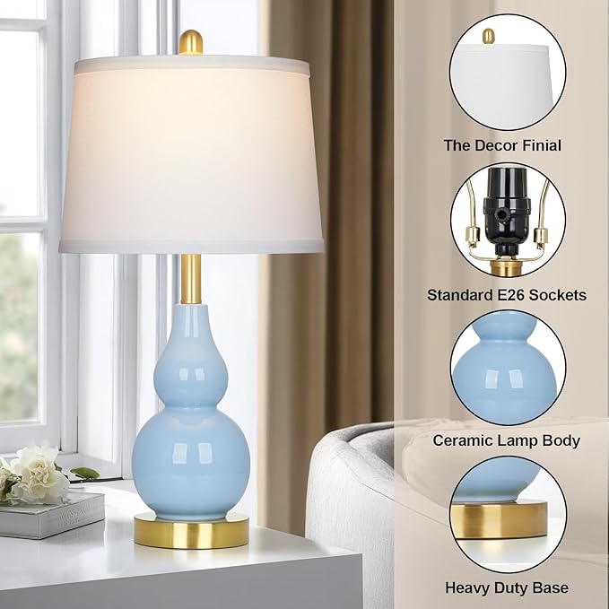 25" Modern Ceramic Table Lamps Set of 2, Blue Double Gourd Ceramic Lamps for Living Room, Coastal Farmhouse Rustic Bedside Nightstand Nautical Lamps for Bedrooms Home Office Dorm(2 LED Bulbs Included) - Bloomnest