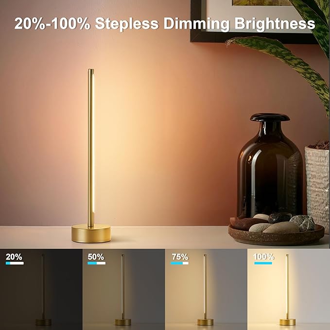 Cordless LED Table Lamp Set of Two, Battery Operated Portable Desk Lamp,Dimmable/3 Color/Memory Function,Modern Rechargeable Table Light for Living Room,Bedroom,Bedside,Gold, 2 Pack - Bloomnest