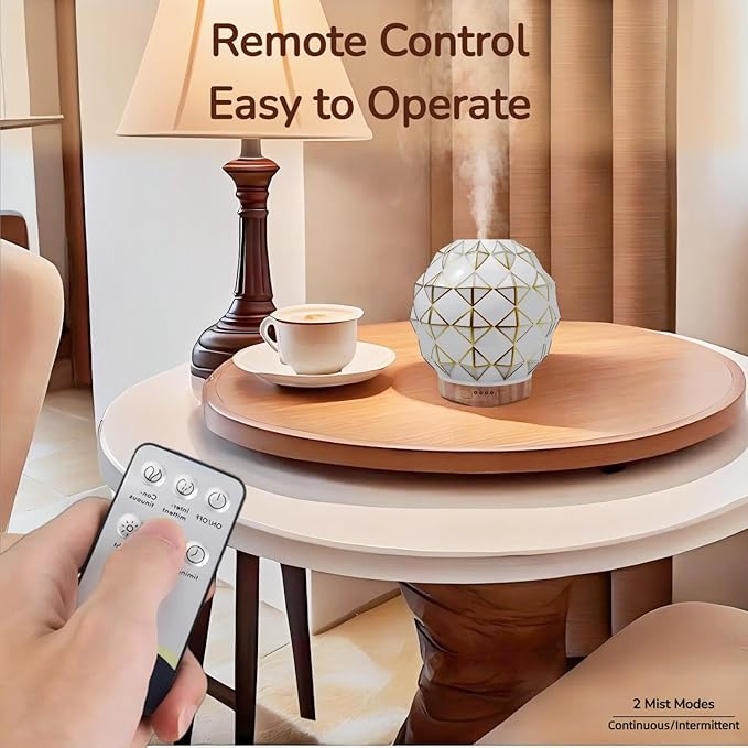 Essential Oil Diffuser, 100ML Handcrafted Glass Aromatherapy Diffuser with 7 Color LED Lights, Remote Control, Cool Mist Humidifier, Timed Mist, Auto Shut-Off (White) YOUENKITY