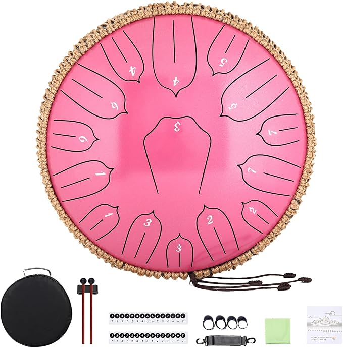 Steel Tongue Drum 12 Inch 15 Notes: Handpan Drums Set with Music Book Mallets Carry Bag - Hand Pan Instrument for Adults Musical Education Meditation Yoga Chakra(Pink)