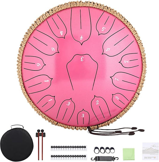 Steel Tongue Drum 12 Inch 15 Notes: Handpan Drums Set with Music Book Mallets Carry Bag - Hand Pan Instrument for Adults Musical Education Meditation Yoga Chakra(Pink)