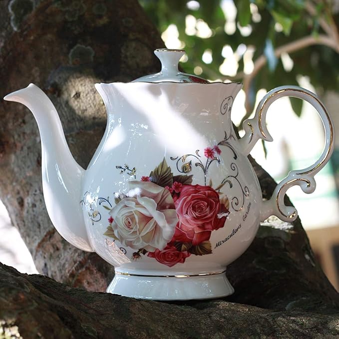 Jomop European Style Ceramic Flower Teapot Coffee Pot Water Pot Porcelain Gift Large 5.5 Cups (1, Rose) - Bloomnest