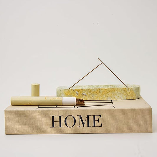 Marble-Patterned Concrete Incense Holder, with A Box of Jasmine Incense, 7.1 Inch Catches Falling Incense Ash, A Poetic and Artistic Gift for Yoga＆Meditation(GreenYellow) - Bloomnest