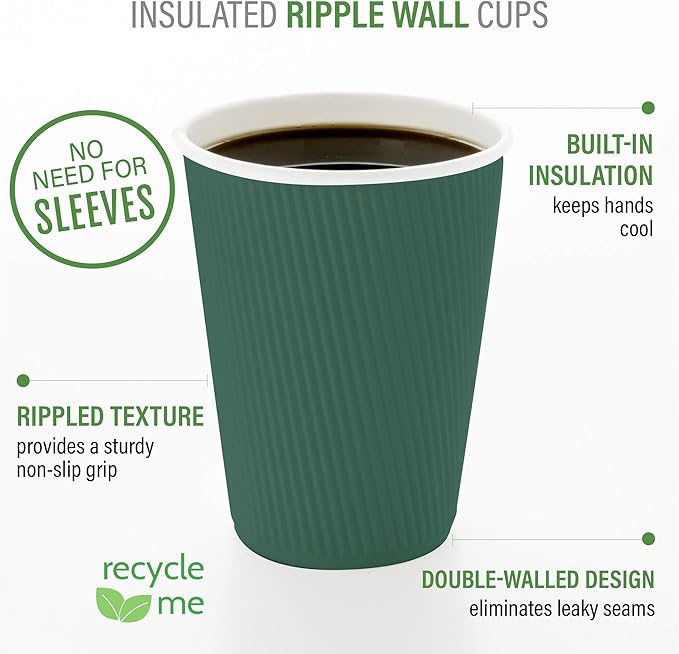 Restaurantware-12 Ounce Disposable Coffee Cups, 500 Ripple Wall Hot Cups For Coffee - Lids Sold Separately, Rolled Rim, Forest Green Paper Insulated Coffee Cups, For Hot Coffee, Tea, And More - Bloomnest