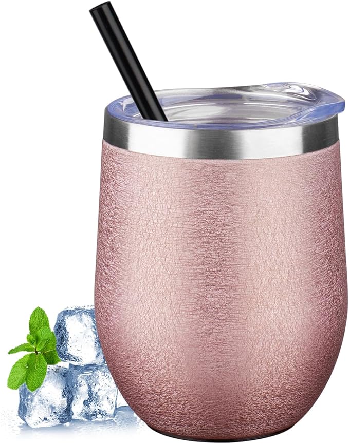 12 oz Insulated Wine Tumbler with Lid and Straw Double Wall Vacuum Insulated Wine Cup Stainless Steel Wine Tumbler Glasses for Coffee,Champaign,Office (Wrinkle Paint Rose Gold,1) - Bloomnest