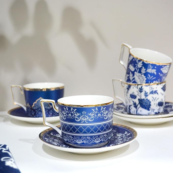 ACMLIFE Bone China Tea Cups and Saucers Set of 4, 6.8 oz Blue and White Tea Cups Set of 4, with Gold Trim and Gift Box (Blue-4) - Bloomnest