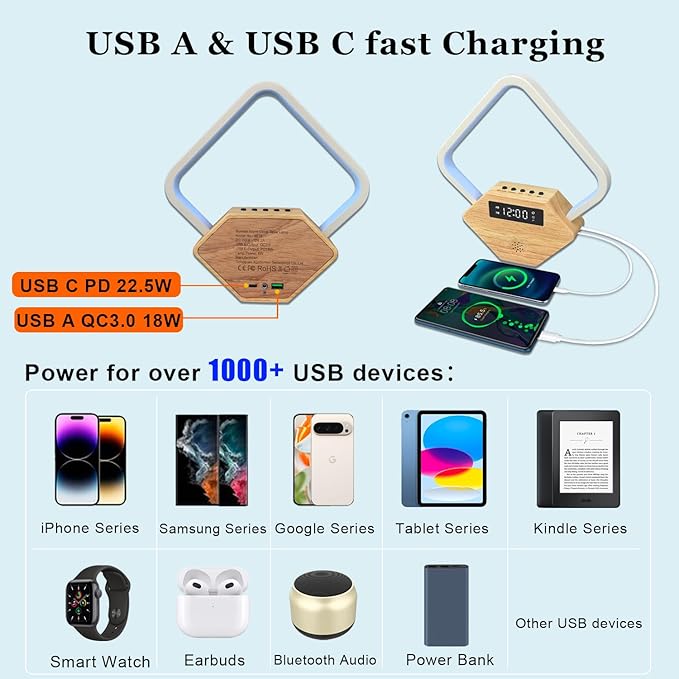 Wood Sunrise Alarm Clock with White Noise Machine 3 Color Night Light 15 Soothing Sounds Sleep Aid 30/60/90min Timer 10 Alarm Ringtones USB C PD Phone Charger Anniversary Birthday Gifts for Women Men - Bloomnest