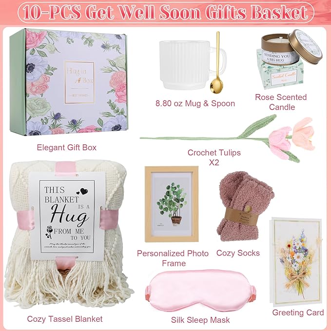 Get Well Soon Gifts for Women Sympathy Gift Baskets Thinking of You Self Care Package Feel Better After Surgery Gifts Tassel Blanket Appreciated Birthday Gifts for Women Sister Friend Mom Daughter - Bloomnest