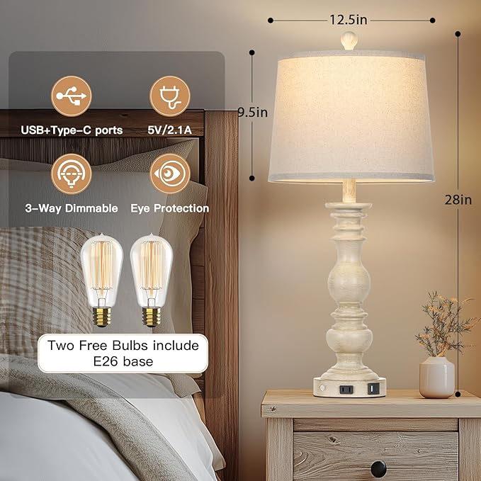 28" Farmhouse Table Lamps Set of 2 with USB C+A Ports & AC Outlet for Vintage Living Room Retro Bedroom,3-Way Dimmable Touch Lamp Resin Bedside Lamps for Nightstand Side End Table, Beige - Bloomnest
