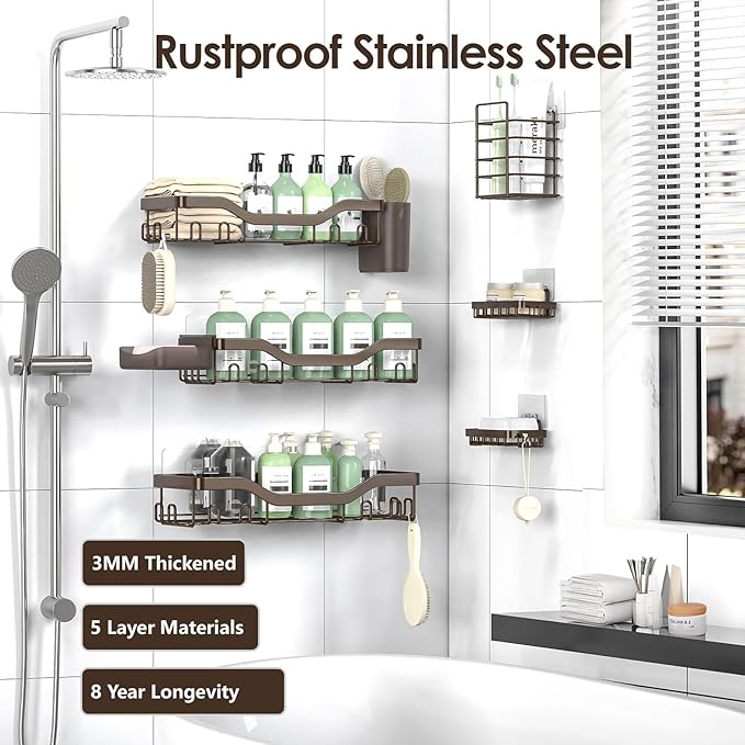 Shower Caddy Adhesive Shower Organizer 8-Pack, Rustproof Stainless Steel Bathroom Shelves, Large Capacity No-Drill Rack Storage Accessories with Soap Dish Toothbrush Holder Hooks - Bloomnest