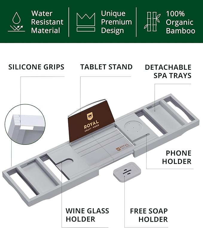 ROYAL CRAFT WOOD Premium Foldable Bathtub Tray - Expandable Bath Tray for Tub - Luxury Bathtub & Bathroom Accessories - Bloomnest