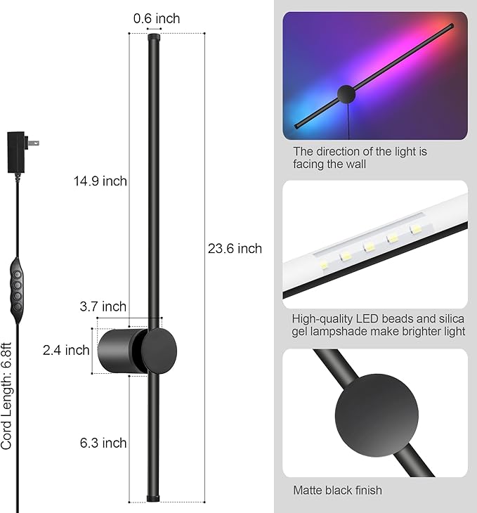 RGB LED Wall Sconces Set of Two with Remote, 15 Color Modes, Dimming, DIY 180° Rotate, Black Plug in Wall Sconces with Warm Light, Dynamic Multicolor Ambience Lights, Plug in Wall Light, 23.6 Inches - Bloomnest