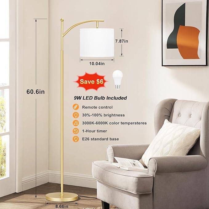 60" Floor Lamps with Remote Control & Bulb, Colors Temperature & Brightness Adjustable, White Shade & Gold Pole - Bloomnest