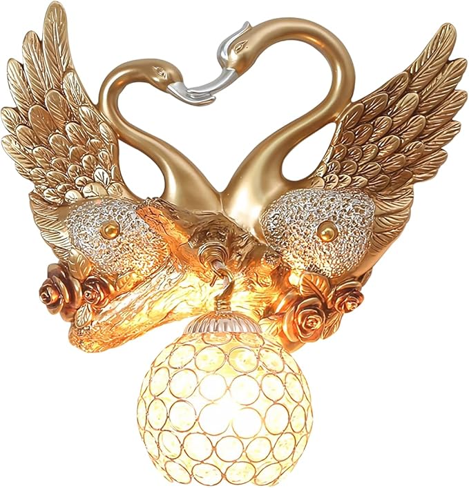 Vintage Swan Wall Sconce with Crystal Beaded Lampshade, Luxury Indoor Resin Animal Wall Sconce Light Creative Heart Shaped Wall Mount Light Fixtures for Bedroom Living Room Hallway Deco (Gold) - Bloomnest