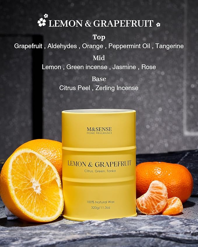 M&SENSE Lemon Candle,Summer Grapefruit Scented, Lemon Soy Candles 11.3oz 70 Hour Slow Burning, Limoncello Highly Scented Citrus Candles for Bathroom, Fresh Smelling Candle - Bloomnest