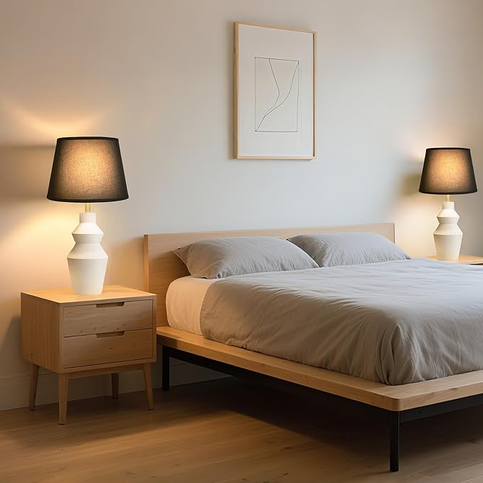 29.7" Modern Table Lamp, Single Farmhouse Rustic Bedside Lamp, White Cement lamp Base with Black Linen Shade, for Bedroom, Living Room Office Kids - Bloomnest