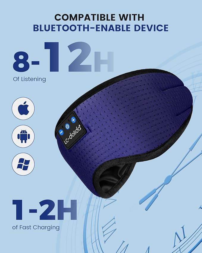 LC-dolida Sleep Headphones, Sleep Mask Bluetooth Wireless Music Eye Mask, Sleeping Headphones for Side Sleepers Sleep Mask with Bluetooth Headphones Ultra-Thin Stereo Speakers Perfect for Sleeping - Bloomnest