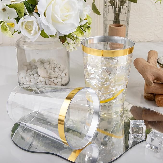 I00000 200 Pack 12 oz Gold Plastic Cups, Clear Disposable Cups, Disposable Plastic Wine Glasses Cocktail Glasses Premium Cups with Gold Rim, 12 Ounce Tumblers for Party & Wedding - Bloomnest