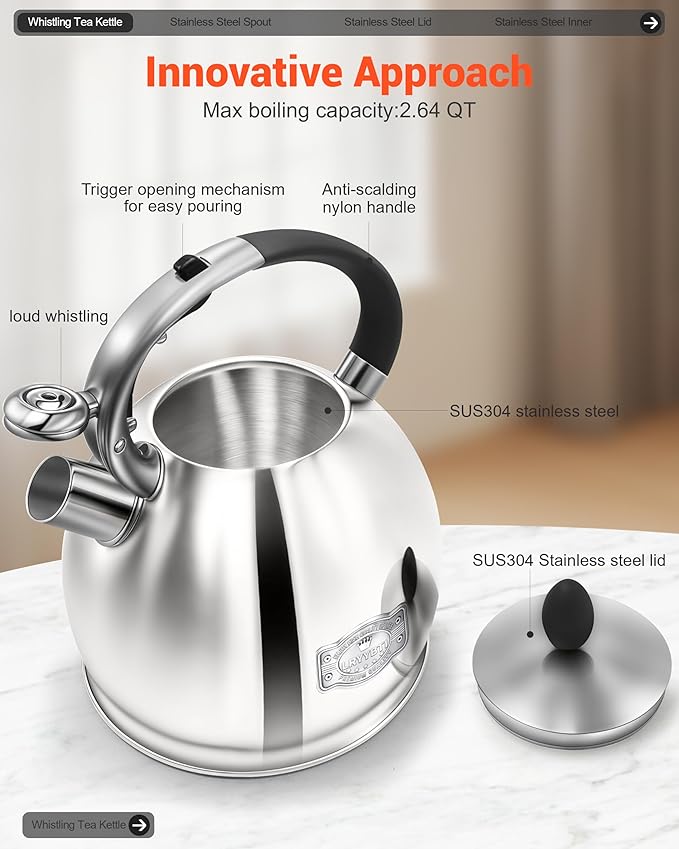 Whistling Tea Kettle for Stovetop, (2.64 Quart-Mirror） Food Grade Stainless Steel Teapot of 5-layer base - Bloomnest
