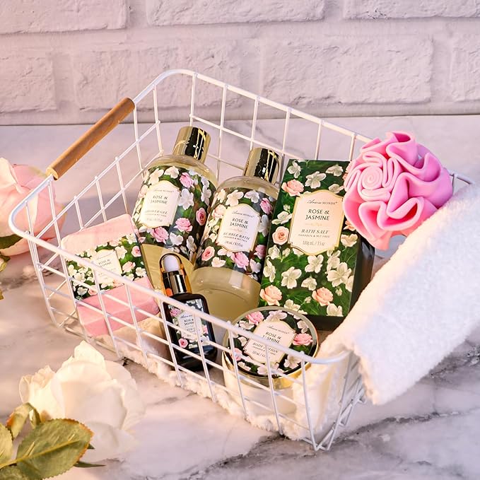 Gift Basket for Women - 8 Pc Rose & Jasmine Beauty & Personal Care Set - Home Bath Pampering Package for Relaxing - Spa Self Care Kit - Thank You, Birthday, Mom, Anniversary, Christmas Gift - Bloomnest