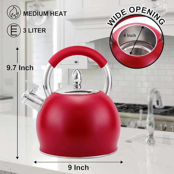 Whistling Tea Kettle for Stove Top Stainless Steel Tea Pot with Ergonomic Silicone Handle Teapot for Stovetop 3.2 Quart / 3 Liter Red - Bloomnest
