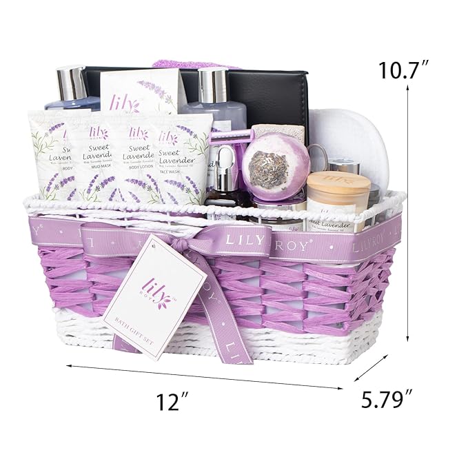 Valentines Day Gifts Spa Gift Set for Women - 22 Piece Lavender Luxury Bath & Body Basket with Bath Bomb | Spa Bath Gift Set for Birthday Gifts, Mothers Day Gift, Christmas Gift for Women
