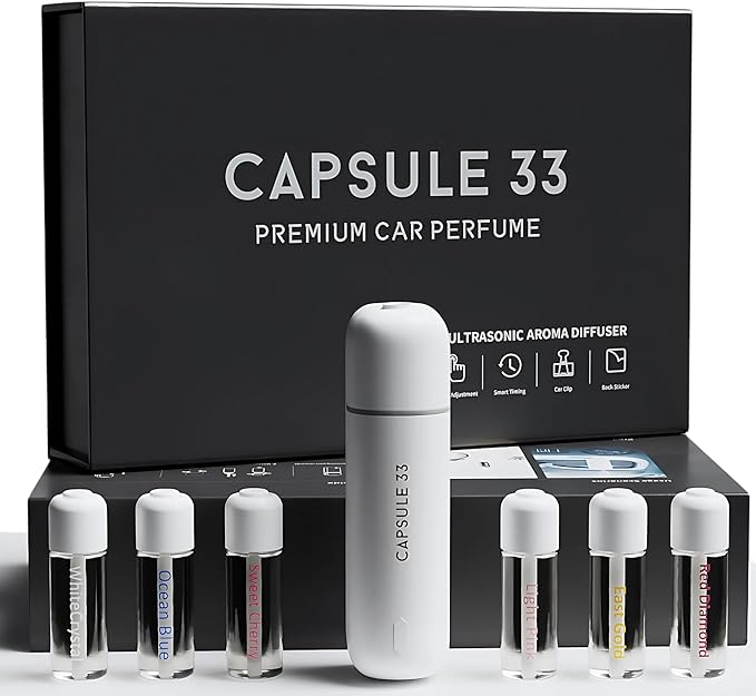 Car Perfume Starter Pack, Car Air Freshener, Ultrasonic Aroma Diffuser, 6 Fragrances (White Crystal, Red Diamond, East Gold, Ocean Blue, Sweet Cherry, Light Pink) (White) - Bloomnest
