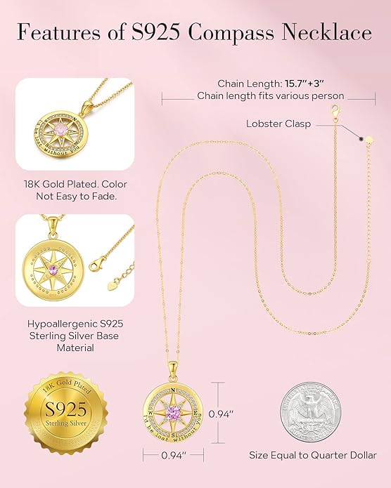 S925 Necklace Gift for Wife |Compass Jewelry |Women Anniversary |Sterling Silver |Girlfriend Birthday Gifts for Her Valentines |I'd be Lost without You |Jewel 18K Gold - Bloomnest